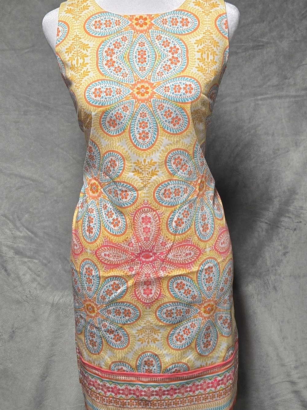 London Times Sleeveless Medallion Print Midi Dress - Yellow Pink Blue